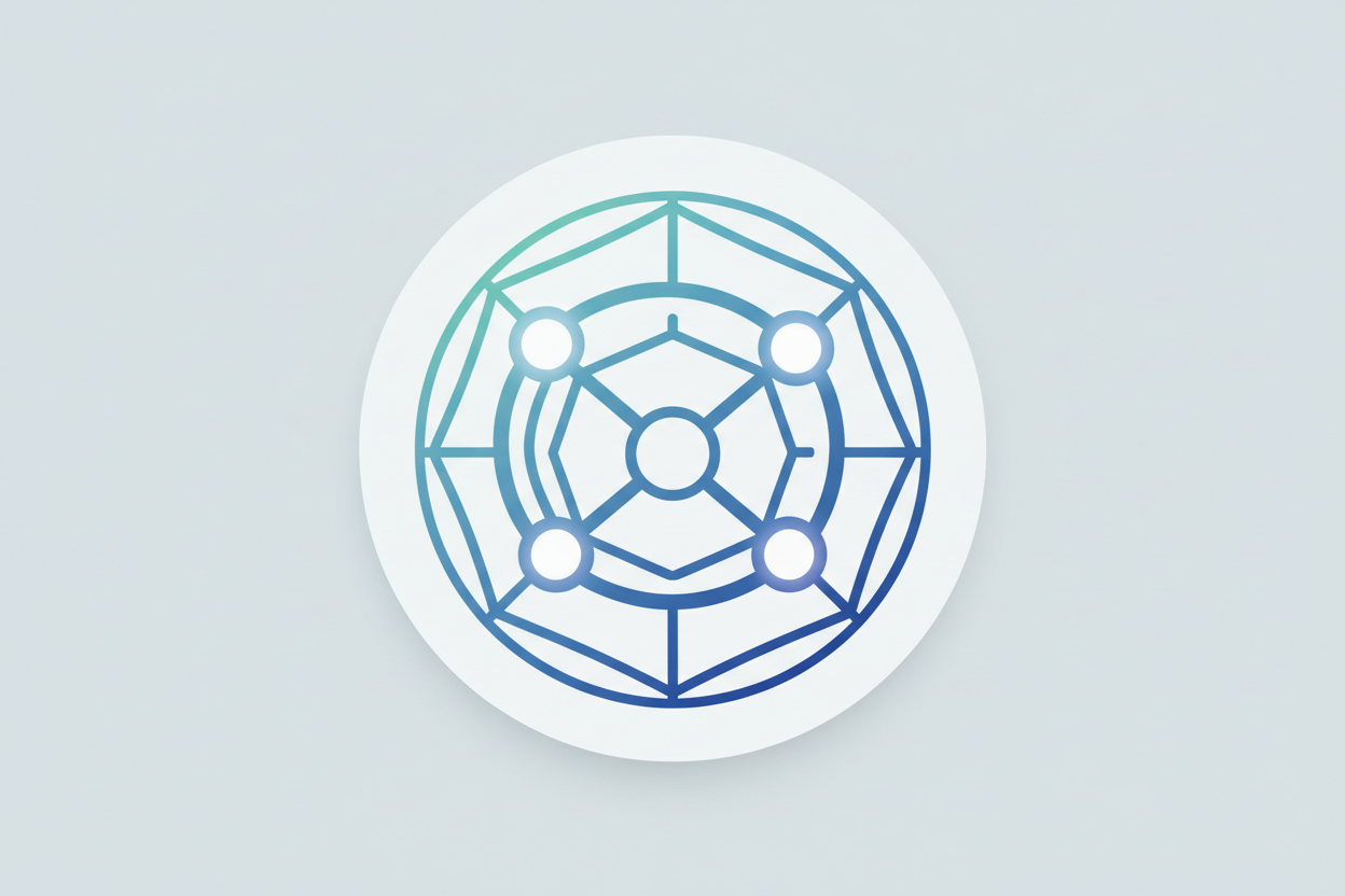 Ein kreisförmiges, blau-grünes Gradienten-Logo mit geometrischen Linien und Knotenpunkten auf weißem Hintergrund.